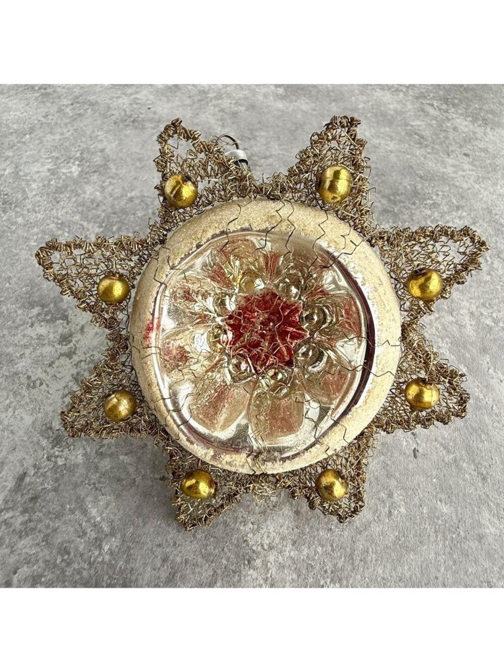 VTG Mica Glass Wire Wrapped Star Indent Silver Ball Ornament Silver Glass Beads
